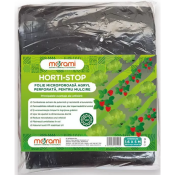Folie microporoasa neagra perforata pentru mulcire, Horti-Stop, 50 g/mp  1.6 X10M